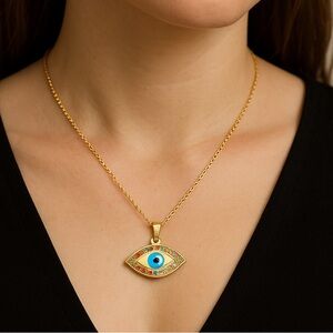New! Evil Blue eye pendant gold necklace zircon stainless steel adjustable